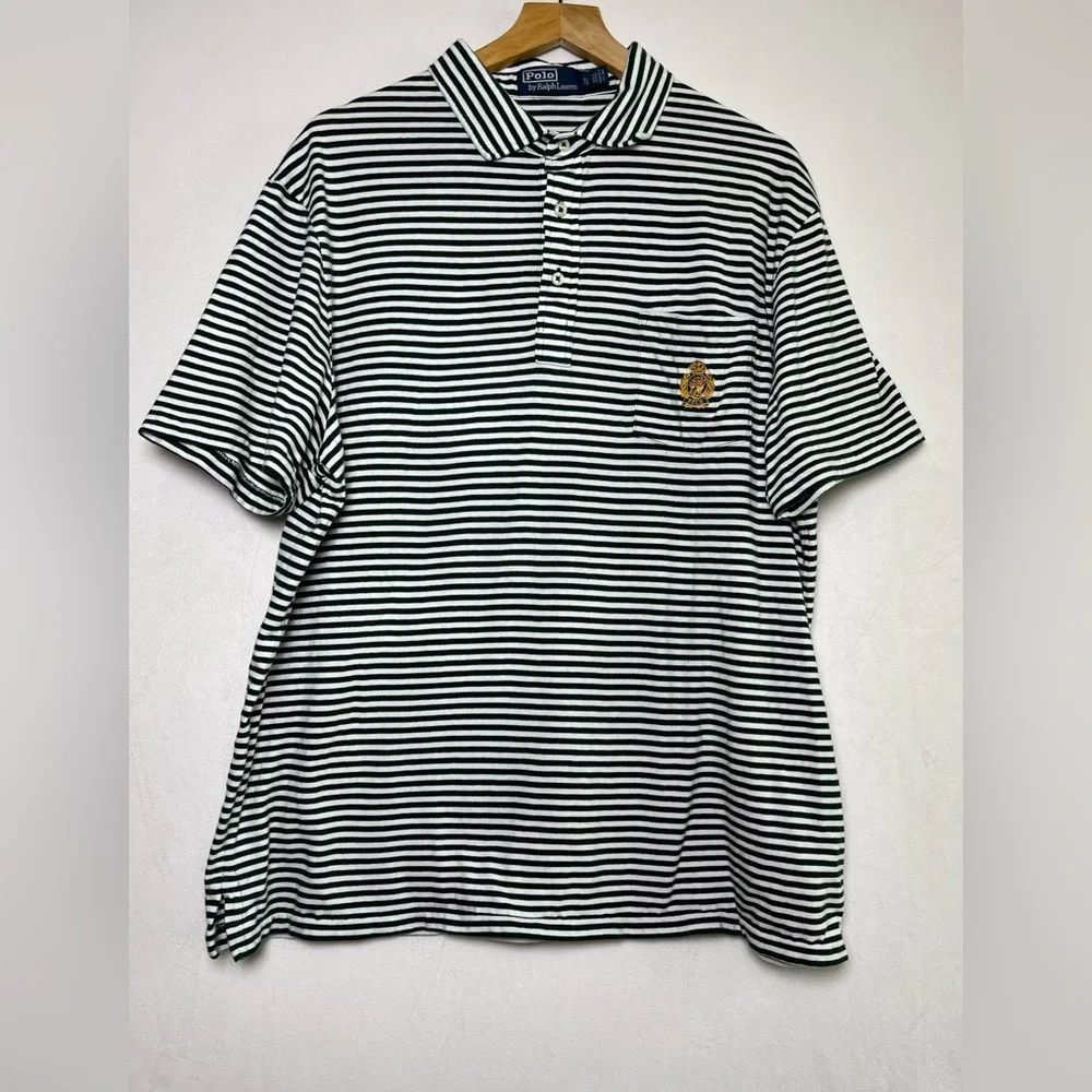 Ralph Lauren Polo Men Classic Fit Green White Stripe Crest Polo Shirt Size XL